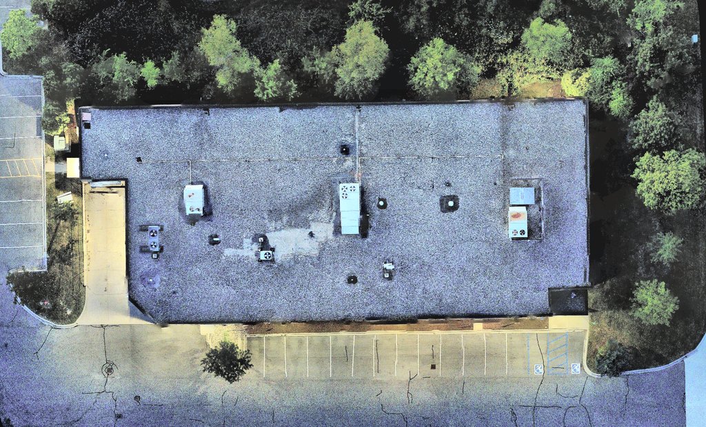 RGB aerial photo of a commercial flat roof, appearing normal to the eye