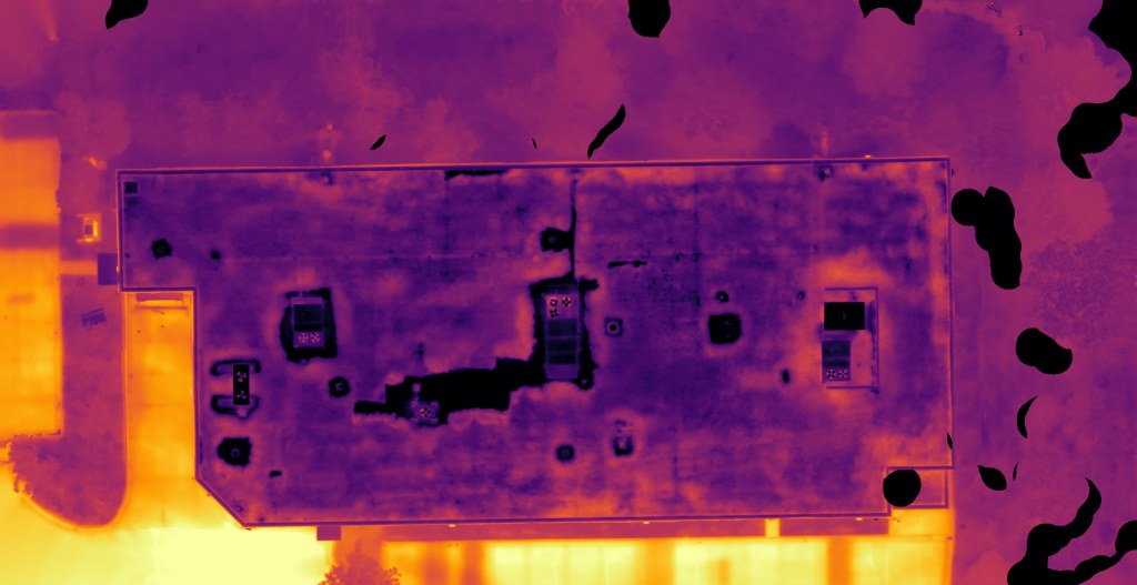 Thermal scan of the same roof revealing a large area invisible in the RGB photo